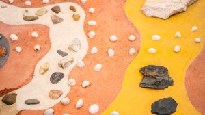 Detail of the Kambri Ground map, that tells the story of the local indigenous cultural landscape featuring stories, connections and cultural activity around Kambri (Lannon Harley/ANU).